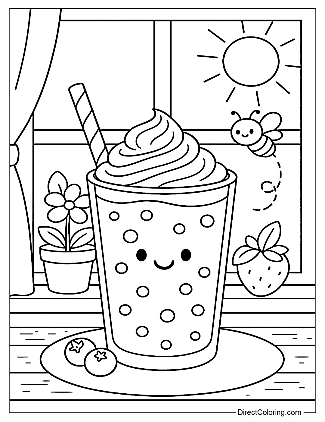 Blueberry smoothie coloring page with whipped cream topping, sunny window background with flower pots and flying bees.
